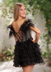Brooke | A Line Black Tulle Off the Shoulder Beaded Feather Ruffle Cocktail Dress